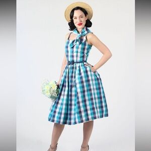 NWOT Bettie Page Tatyana Blue Plaid Midi Dress